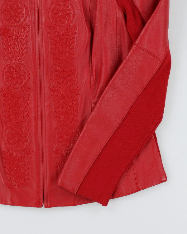 Vintage 90s Red Embroidered Leather Jacket - S - Image 4
